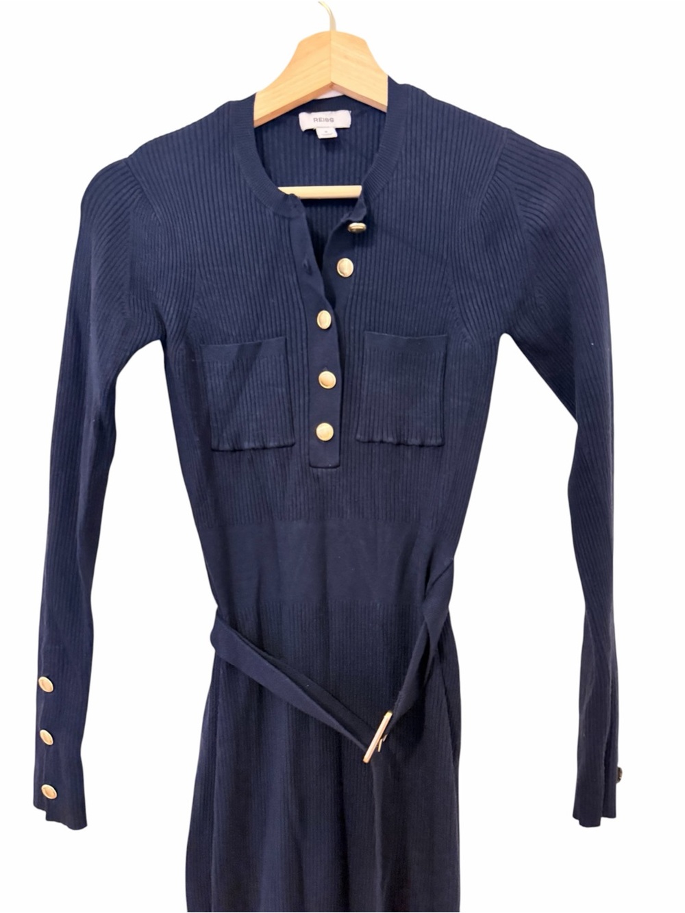 REISS Willa Ribbed Midi Dress Navy Long-Sleeve Maxi Dress with Belt - Picture 4 of 11